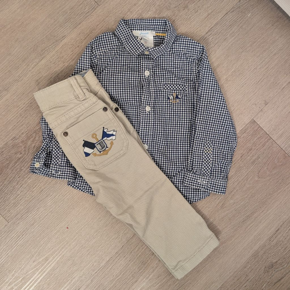 Baby Jacadi Matching Set 12 Months Beige Blue Gingham Dress Shirt Slacks Pants